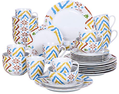 VEWEET Geschirrset 8 Personen, 32-tlg. Porzellan Tafelservice, Boho Kombiservice mit Speisetellern, Desserttellern, Müslischalen und Kaffeebechern, Spülmaschinen- & Mikrowellengeeignet, Serie ARRIS