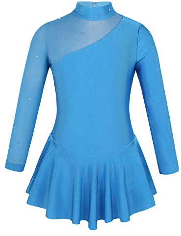 iEFiEL Mädchen Ballettkleid Glitzer Eiskunstlauf Kleid Kinder Swing Schaukel Tanzkleid Ballettanzug Langarm Body Trikot Turnanzug Blau 152