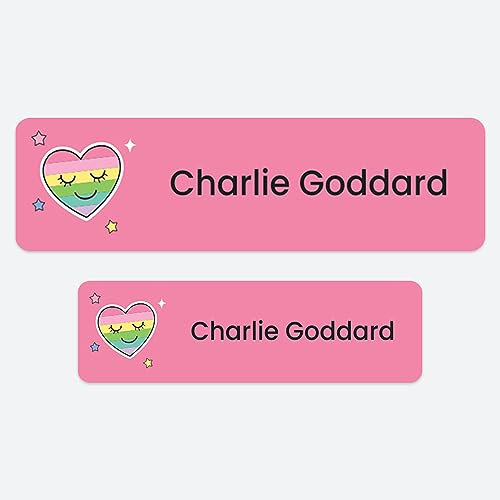 50 x No Iron Medium Personalised Stick On Waterproof Washable Name Labels Great for Clothes, School Uniform, Equipment, Shoes and Much More. School, Nursery, Day Care, Hospital - Rainbow Heart