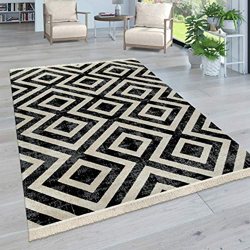 Paco Home Moderner Outdoor Teppich Geometrisches Rauten-Muster im Vintage-Look Flachgewebe Wetterfest & Pflegeleicht für Garten, Terrasse & Balkon, Grösse:200x280 cm, Farbe:Schwarz Weiß