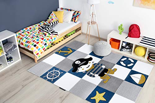 rugsx Kinderteppich Petit für Babyzimmer, Spielteppiche, Kinderzimmer, Corsair Pirat Anker Schiff blau 180x270 cm