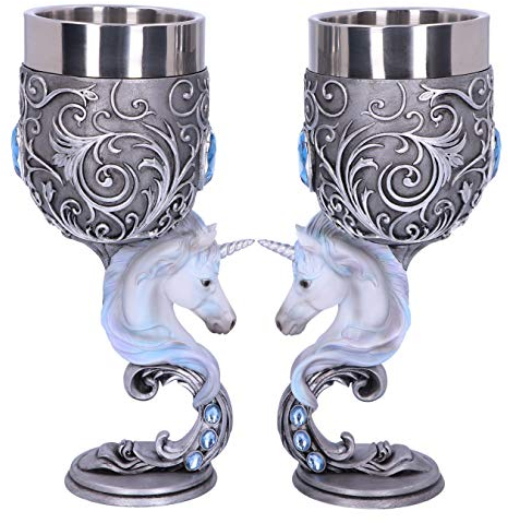 Nemesis Now B5191R0 Enchanted Twin Unicorn Heart Set of Two Goblets, Silver, 18.5cm