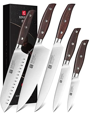 XINZUO 5 Piezas Set Cuchillo Cocina Acero Inoxidable Alemán 1.4116, Profesional Acero Inoxidable de Alto Carbón Cuchillo de Chef Santoku Fileteador Universal Fruta- Mango de Red Sandalwood
