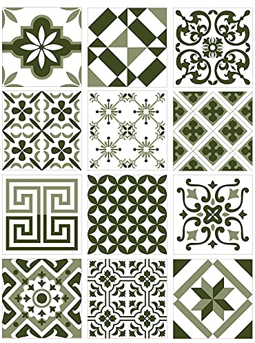 | Autocollants Carreaux | Planche de 12 Stickers Carrelage - Carreaux de Ciment - Modèle KAKI - Dimensions d'un Carreau : 10 x 10 cm - Salle de Bains Crédence Meubles ...