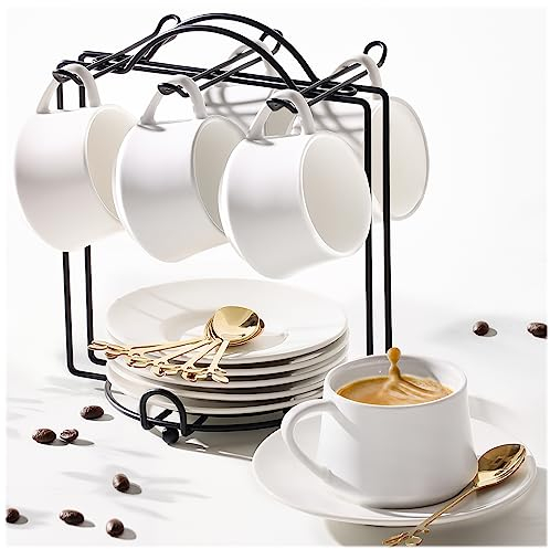 Lareina Espresso Cups with Saucers, Spoons and Metal Stand, Small 3 oz Coffee Cups Set of 6, Cute Demitasse Mugs with Handle, White