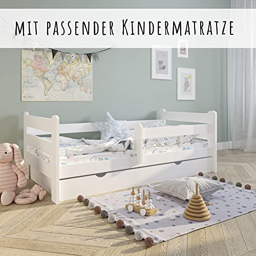 Kids Collective Kinderbett Jugendbett 90x200 cm mit Rausfallschutz | Voll-Holz inkl. Matratze Lattenrost & Schublade in weiß Kiefer | Mädchen Jungen Bett skandinavisch | von 4. bis 18. Lebensjahr