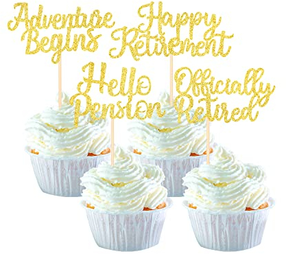 SYKYCTCY 36 Pack Happy Retirement Cupcake Toppers Glitter Officially Retired Hello Pension Adventure Begins Cupcake Picks Retirement Theme Birthday Party Cake Decorations Supplies Gold