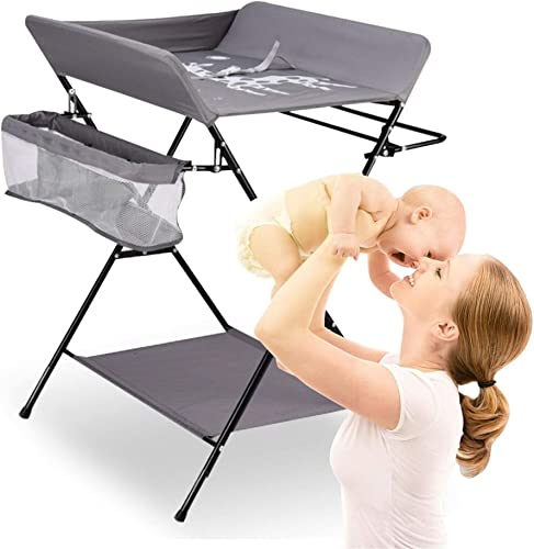 Baby Klappbarer Wickeltisch,Mobiler Wickeltisch mit Rollen und Wickelauflage,Wasserdicht und Höhenverstellbar,Baby Wickelkombi mit Ablagefächern-80 * 66 * 98cm grau