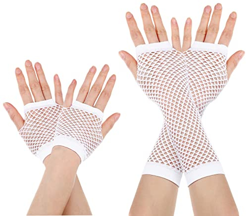 Azwood Fischnetz Handschuhe, 2 Paare Lang und Kurz Netz Mesh Handschuhe, Schwarz Fingerlose Netzhandschuhe - Damen Abendhandschuhe für Verkleidung Kostüm Party Lieferungen (Weiß)