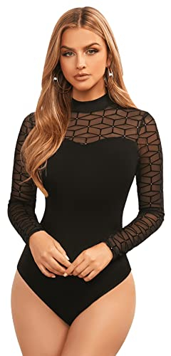 GORGLITTER Damen Body Langarm Elegant Mesh Bodysuit Strass Body Sexy Langarmbody String Damenbodys Mit Stehkragen Schwarz S