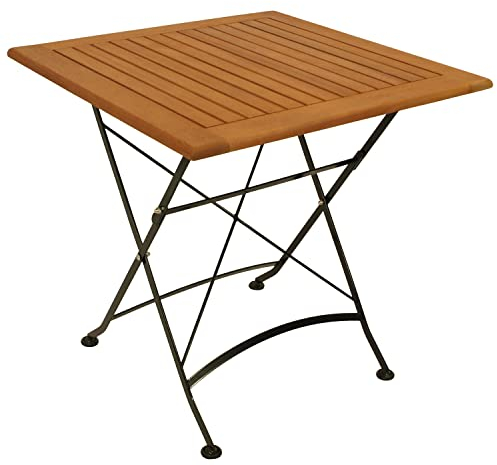 DEGAMO Gartentisch Klapptisch HOFGARTEN 75x75cm, Flachstahl schwarz + Eukalyptus Holz, braun geölt, klappbar, Outdoor