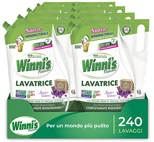 Winni's - Detersivo Lavatrice Ipoallergenico in Ecoformato, 240 Lavaggi, Adatto alle Pelli più Sensibili, Fragranza Aleppo e Verbena, con Materie Prime di Origine Vegetale, 1500 ml x 8 Confezioni