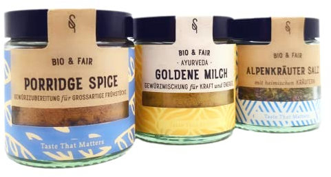 Bio Gewürze Set - 3 SoulSpice Bio Gewürzmischungen für´s Frühstück - mit Goldene Milch Pulver, Porridge Spice und Alpenkräuter Salz - für den geschmackvollen Start in den Tag