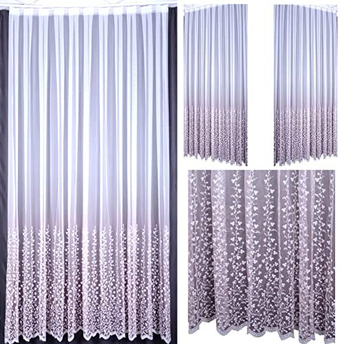 Grisodonna Italian Design 2X Set fertig Gardinen nach Maß Florentiner Stil 3D Hakel Blumen Stickerei Pastelle Rosa Weiß Wohnzimmer Schlafzimmer Küche Kinderzimmer Vorhang Gardine (280 x 140 cm)