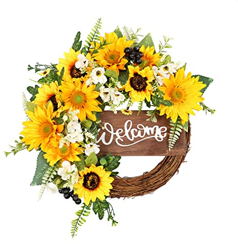 Aixingxing Türkranz, Sonnenblumen-Kranz, künstliche Blumen, Willkommenskranz, 48 cm, Frühling, Sommer, Kranz für Fenster, Außenbereich, Haustür, Heimdekoration