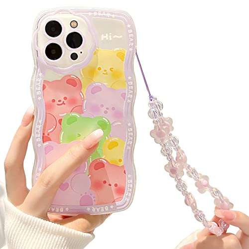 NITITOP Compatible for iPhone 14 Pro Max Case, Clear Cartoon Bear Animal with Flower Beaded Lanyard Wrist Strap for Women Girls, Soft TPU Full Protective Cover- Purple Bear