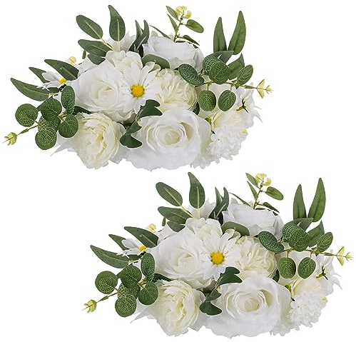 NUPTIO Künstliche Blumen für Tische Dekoration: 2 Stück 24cm Durchmesser Weiß Gefälschte Blume Tafelaufsätze Rosen Kugeln Kunstblumen Bouquet Anordnung Seide für Hochzeit Partei Weihnachten