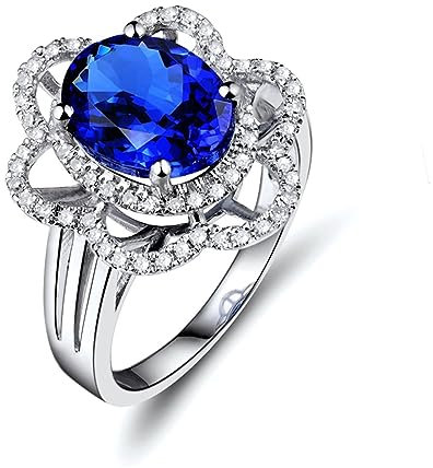 Diamond Ring Women, Eheringe Damen 18 Karat Weißgold Tansanit Blume mit 3,4 ct Ovalem Tansanit Schmuck Größe 70 (22.3)