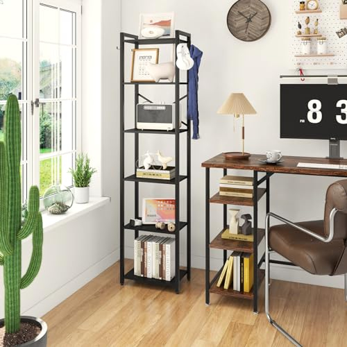 YMYNY Bücherregal, 6-stöckiges Aufbewahrungsregal, Pflanzenregal, Aufbewahrungsregal mit Stahlrahmen, für Wohnzimmer, Büro, Arbeitszimmer, Flur, Industriestil,Schwarz HBC001B