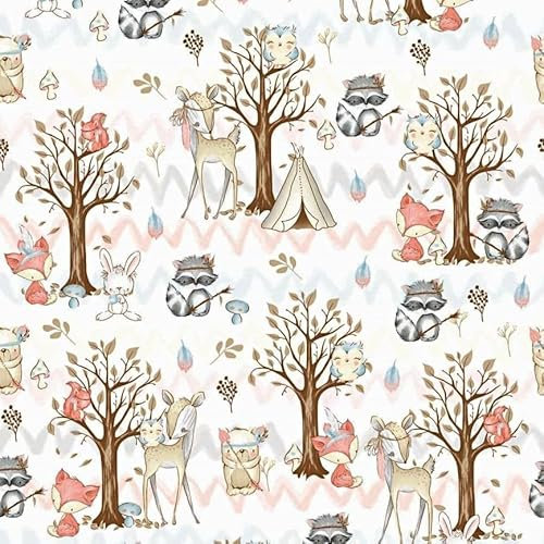 Textrend Baumwollstoff - Stoff zum Nähen - 100% Baumwolle - Textilien 1x1.6m - Stoffe Meterware - Waldtiere (Indische Tiere in einem Wald auf weißem Hintergrund)