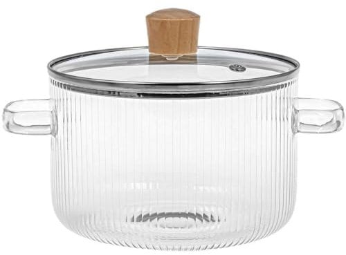 Clear Simmer Pot With Lid - Heat Resistant Borosilicate Handles, Ribbed Glass Cooking Pot