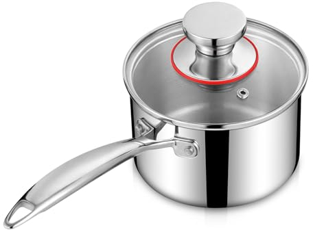 Homikite Cacerola Homikit, cacerola 3 capas de acero Edea de 14cm con tapa de cristal, cacerola pequeña, olla para leche inducción 1,4L, olla para leche para todo tipo de fogones