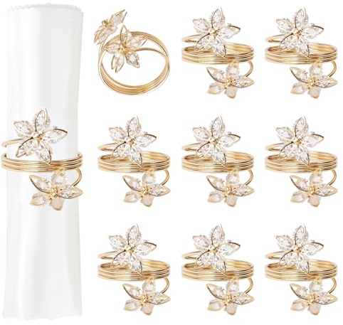 URROMA Serviettenringe mit fünfblättrigen Blumen, 10 Stück, Metall, goldfarben, Serviettenhalter für Stoff, Tischserviettenringe für Geburtstag, Hochzeit, Ostern, Esstisch, Partys