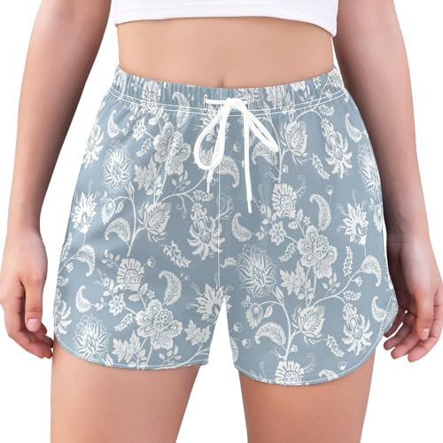 linqin Hellblaue Sport-Shorts mit Blumenmuster für Damen, athletisch, Sport-Shorts, leicht, aktiv, lässig, bequeme Shorts für Damen für Fahrrad, Hellblaues Blumenmuster, Mittel