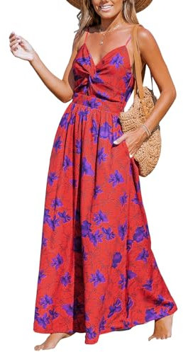 CUPSHE Robes d'été pour Femmes Col en V Cachemire sans Manches Occasionnel Couper Front tordu Robes de Plage Maxi