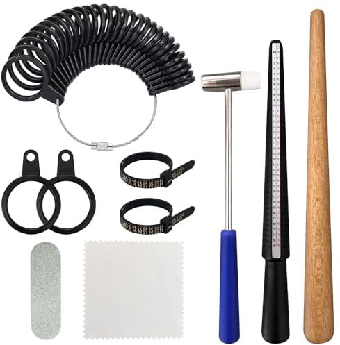 10 PCS Ring Sizer UK Suits, Ring Measurement Tool UK Sizes, Ring Size Measurement Tool, Ring Gauges Finger Sizer UK Making Kit with Polishing Strip, Cleaning Cloth and Plastic Hammer