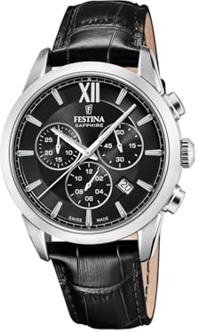 Festina Swiss Made Herrenuhr Analog aus Leder Schwarz | Quarzwerk, Chronograph, Kalender, Robustes Saphirglas, Wasserdicht 10 ATM Elegant F20041/4 Chrono