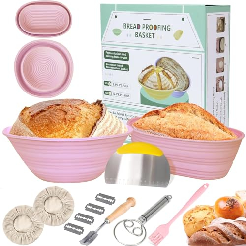 Silikon-Banneton-Brot-Gärkörbe-Set, 22,9 cm rund und 25,4 cm oval, faltbarer Sauerteigkorb, mit Lamé- und Teigschaber, Leineneinsatz, Backpinsel für Backgärung, leicht zu reinigen