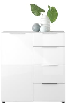 Stella Trading Commode SANTORIN Blanche avec façade en Verre, x P, Bois d'ingénierie, Blanc, 90 x 99 x 40 cm (B/H/T)