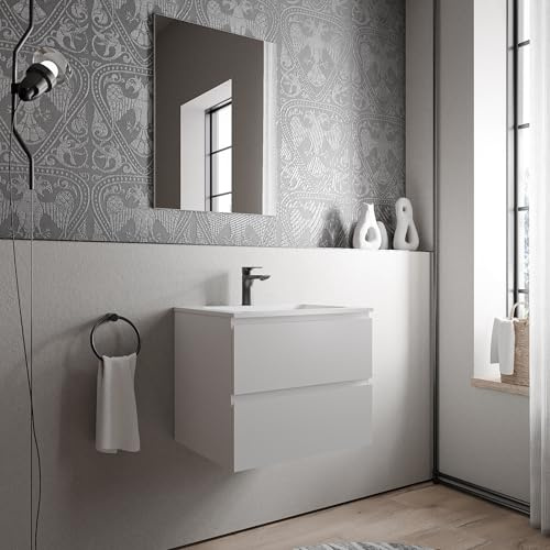 BERNSTEIN Badmöbel-Set Ava 60cm bestehend aus Mineralguss-Waschbecken mit Unterschrank in Weiß matt, Waschtisch BRUXELLES - Weiß matt mit Hahnloch, Ideal für Kleine Bäder und Gäste-WCs