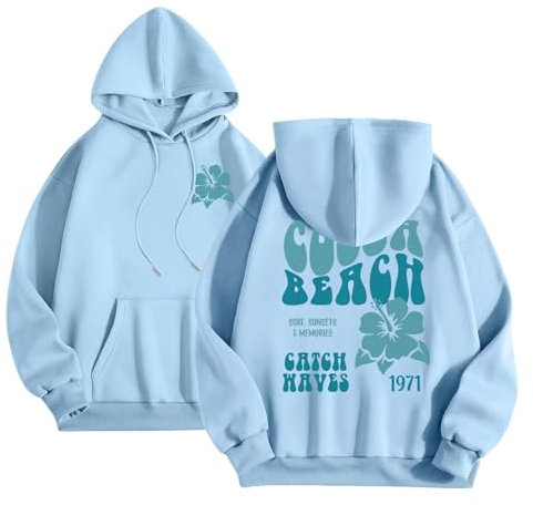 SKFLABOOF Damen Hoodie mit Kapuze - Blumen & Buchstaben Druck Oversize Kapuzenpullover Couple Gym Teenager Pullover Mädchen Streetwear Oberteile Tops Shirt (Light Blue, S)