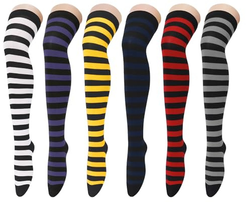 Zando 6 Pairs Striped Thigh High Socks for Women Cotton Thigh Highs