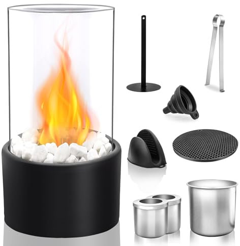 Camino da Tavolo, Fuoco da Tavolo Bioethanol con Pietre Decorative e 2 Camere di Combustione Mini Camino Bioetanolo, Caminetto a Bioetanolo da Tavolo per Interni ed Esterni Atmosfera Campeggio, Nero