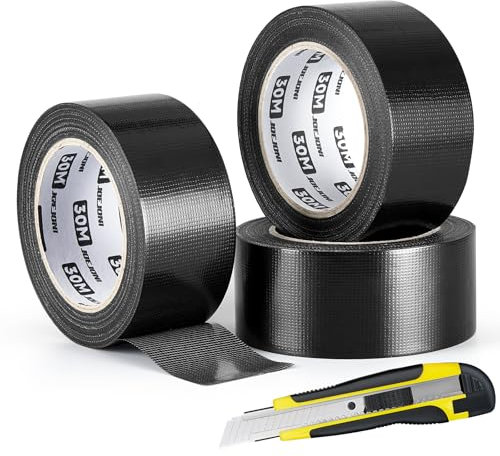 JOEJONI Lot de 3 rouleaux de ruban adhésif blindé extra fort - 30 m x 50 mm - Noir - Étanche - Avec cutter - Pour réparations, bricolage, artisanat, intérieur et extérieur