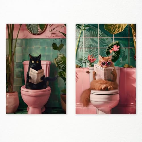 perasi Set of 2 Funny Bathroom Canvas Wall Art, Trendy Cat Reading on Pink Toilet Poster, Black Cat Read Newspaper Bathroom Pictures for Wall, Animal Green Botanical Restroom Print 12x16in Unframed
