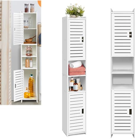 Bathroom Floor Cabinet, Freestanding Tower Rack with 2 Doors and 2 Open Shelves, Wooden Tall Cupboard Storage Organizer for Bathroom Living Room Kitchen