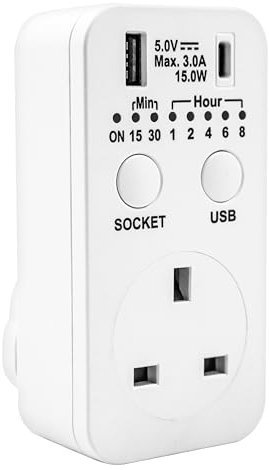 Uni-Com Countdown Plug-in Timer, UK 3 Pin Plug, USB-A & USB-C Sockets, Energy Saving, 7 Timer options for Operating Home Appliances & Electrical Devices, White