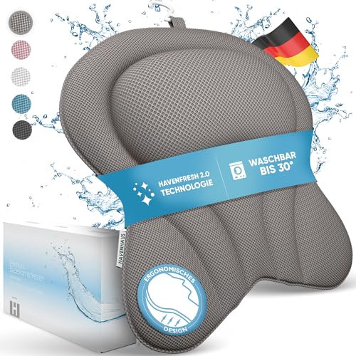 HAVENHAUS XXL Premium Badewannenkissen grau | NEU zusätzliche Polster an Schulter- & Nackenbereich | Badekissen für Badewanne schnelltrocknend, waschbar & 4X extra große Saugnäpfe | Kissen Badewanne