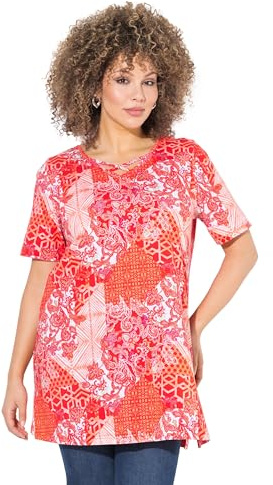 Ulla Popken Damen große Größen Übergrößen Plus Size Longshirt, Patchdruck, A-Linie, V-Ausschnitt, Halbarm Koralle 54+ 838969505-54+