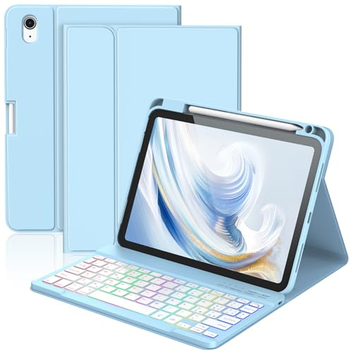 KBCASE Custodia Tastiera per iPad A16 11/10 Generazione (2025/2022) | 7 Colori Illuminato, Senza fili Staccabile Bluetooth Custodia con Portapenna per iPad 10/11 Generazione, Italiano QWERTY, Blu