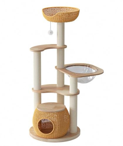 Torre Rascador para Gatos, Diseño de Ratán Natural, con Cama Cesta, Plataforma de Observación y Casa Esférica,55cm*55cm*133cm, Arbol para Gatos