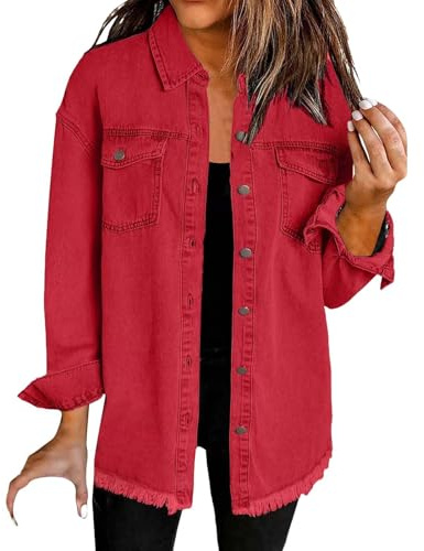 Uwdiohq Veste en Jean Femme, Veste en Jean Denim Unie pour Femme Surdimensionnée Boutonnée, Ourlet Effiloché, Manches Longues avec Poches