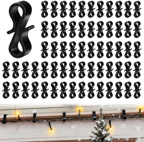 TRUEIN Mini Dachrinnenhaken für Lichterkette, 150 Stück Weihnachtslicht Clips, Dachrinnenhaken an Weihnachten, Schwarzer S-Haken aus Kunststoff für Weihnachten, Halloween Hängelichter und Dekorationen