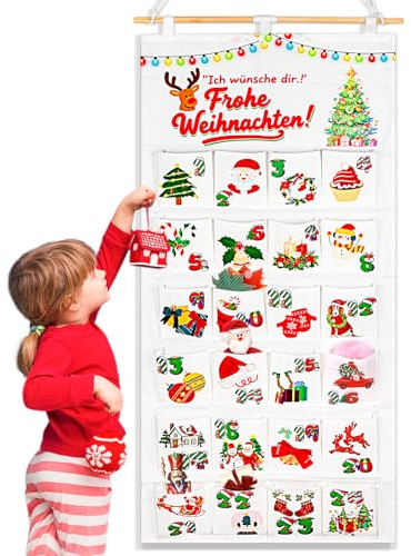 Deutsche Adventskalender zum Befüllen Stoff, 106 x 50.5cm Wiederverwendbar Adventskalender zum Befüllen Aufhängen mit 24 Taschen, Stock und Seil, Weihnachtskalender aus Stoff für Kinder