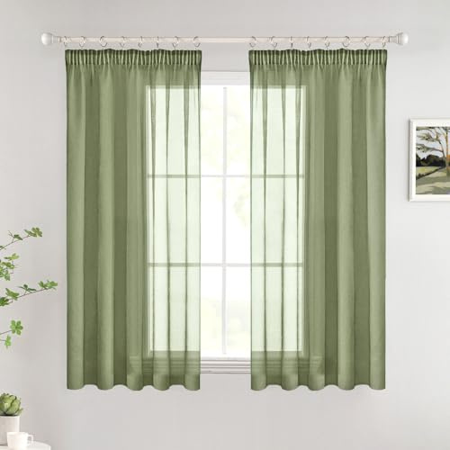 Woaboy Gardinen mit Kräuselband Kurz Voile 2er Set 140x145 cm Salbeigrün | Vorhänge Wohnzimmer Transparent Sheer Curtains Stores Gardine Schlafzimmer Modern Schlaufengardinen