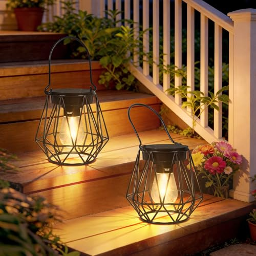Kimjo Solarlampen für Außen Tisch Wasserdicht, Solarleuchten Garten Hängend | Metall Solarlampen für Außen Stehend, IP65 Wasserdicht Solarlaterne Outdoor, Warmweiß Solar Laternen für Draußen, 2 Stück